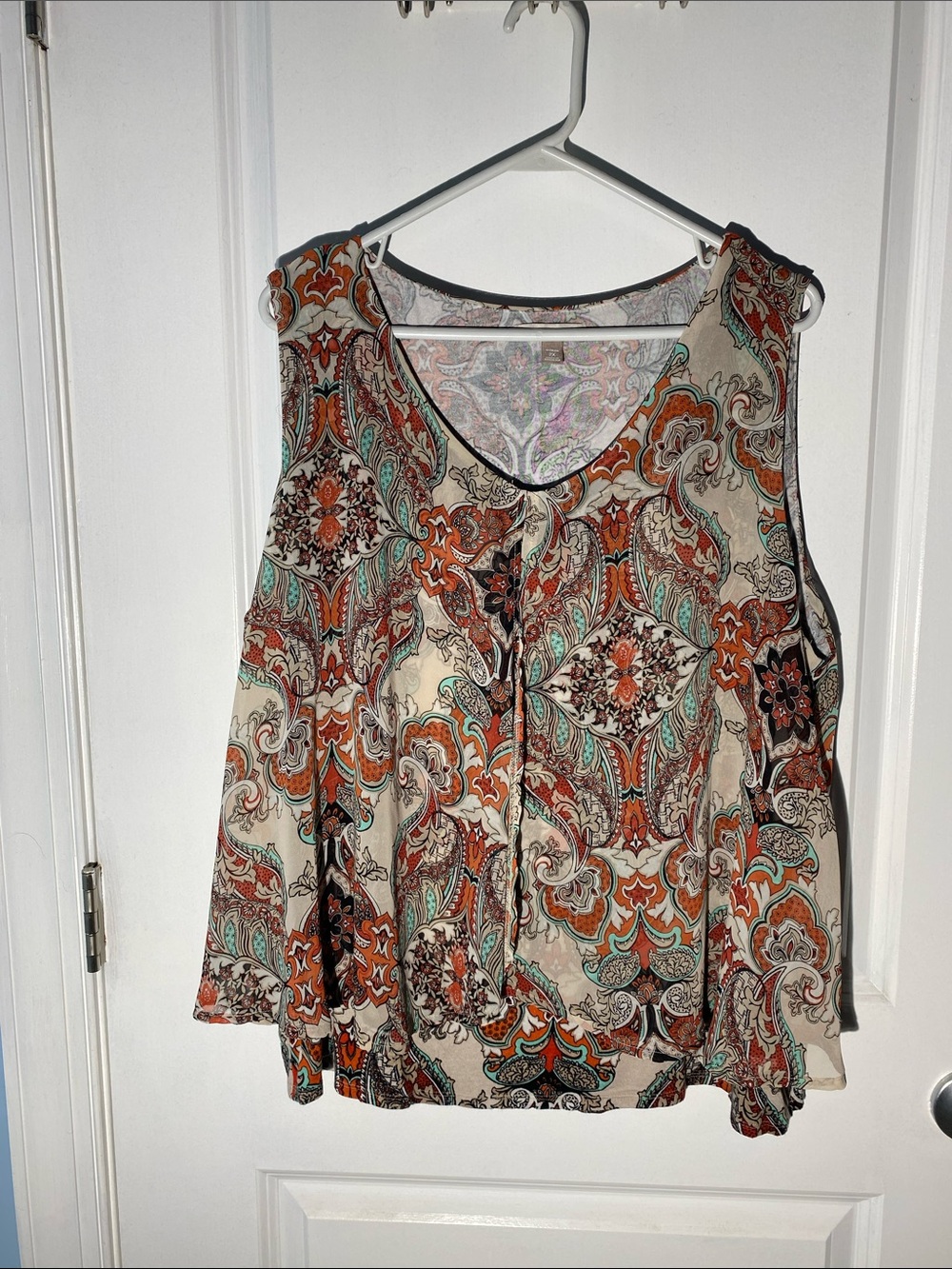 Roz & Ali Cream Paisley Sleeveless Tank with Orange & Teal Accents